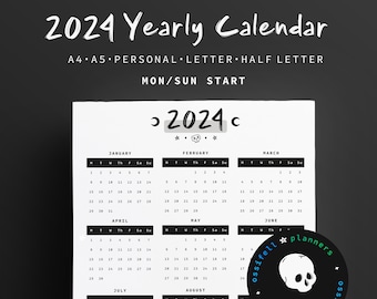 2024 Jahr auf One Page Kalender, druckbarer Planer, Minimal Goth, Jahr auf einen Blick, A4 A5 Letter halbpersönlich, Montag Sonntag Start