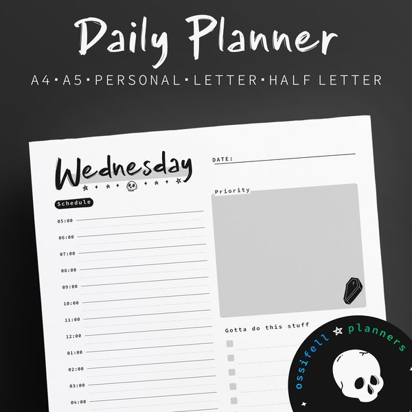 Minimal Goth Daily Planner, Printable Insert, 24hr 12hr Write-In, 30 Minute Witchy Schedule, A4 A5 Letter Half Personal Undated