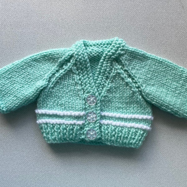 Hand made Teddys knitted pale green and white cardigan. Teddys/dolls  clothes