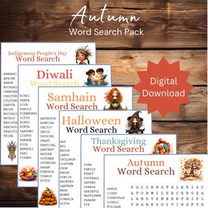 Herbst/Herbst Wortsuche Bundle - Thanksgiving, Tag der indigenen Völker, Halloween, Diwali, Samhain