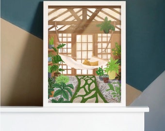 Greenhouse Illustration Art Print, Plant Oasis Wall Decor