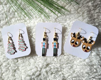 Holiday Paper Earrings: Christmas Tree, Nutcracker, or Reindeer