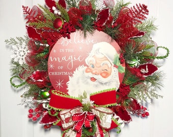 Christmas Wreath, Holiday Wreath, Traditional Merry Christmas Decor, Front Door Wreath, Christmas Decorations, Santa Claus Decorations