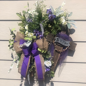 Easter Wreath for Front Door, He is Risen Wreath, Easter Cross Decorations, Spring Wreath, Holiday Wreath, Easter Door Decor, Purple Cloth