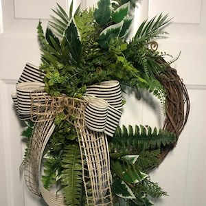 Coastal Wreath for Front Door, Beach Wreath, Spring Wreath, Summer Wreath with Burlap Bow, Wreath with Ferns and Palms, Grapevine Wreath