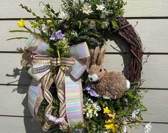 Grapevine Wreath for Front Door, Spring Grapevine Wreath, Summer Front Door Wreath, Wreath with Bunny, Housewarming Gift, Front Door Decor