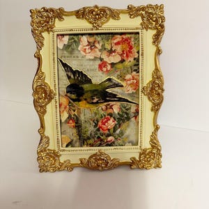 5x7 Picture Frame, Florals & Bird Photo Frame, Desktop Sitting Picture Frame, Unique Designed Frame, Wooden Photo Frame, Antique Gold Frame