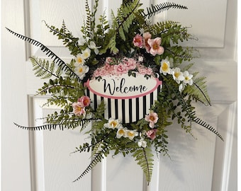 Small Grapevine Wreath for Front Door, Everyday Grapevine Wreath, Greenery Wreath, Floral Grapevine, Front Door Decor, Pink and White Wreath