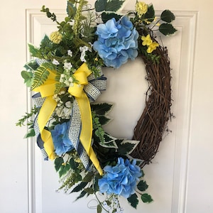 Everyday Grapevine Wreath for Front Door, Blue and Yellow Floral Grapevine, Floral Spring Wreath, Summer Floral Grapevine, Home Decor Gift