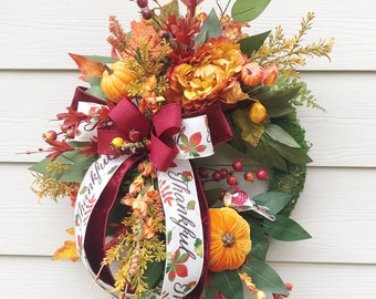 Fall Wreath for Front Door, Thanksgiving Wreath, Thankful Fall Wreath, Seasonal Fall Wreath, Front Door Pumpkin Wreath for Fall, Moss Wreath