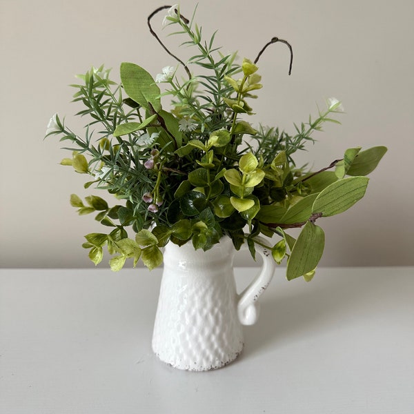 Farmhouse Decor, Small White Pitcher Centerpiece, Tabletop Decorations, Greenery Arrangement, Small Space Arrangement, Kitchen Decor, Gift