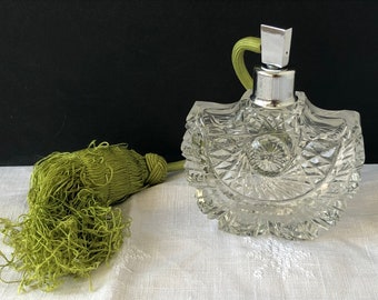 ART DECO Glass Flacon Spray Czech Crystal Bohemian Perfume Bottle Hand Cut, Vintage 1970, Collectible item, Decor,
