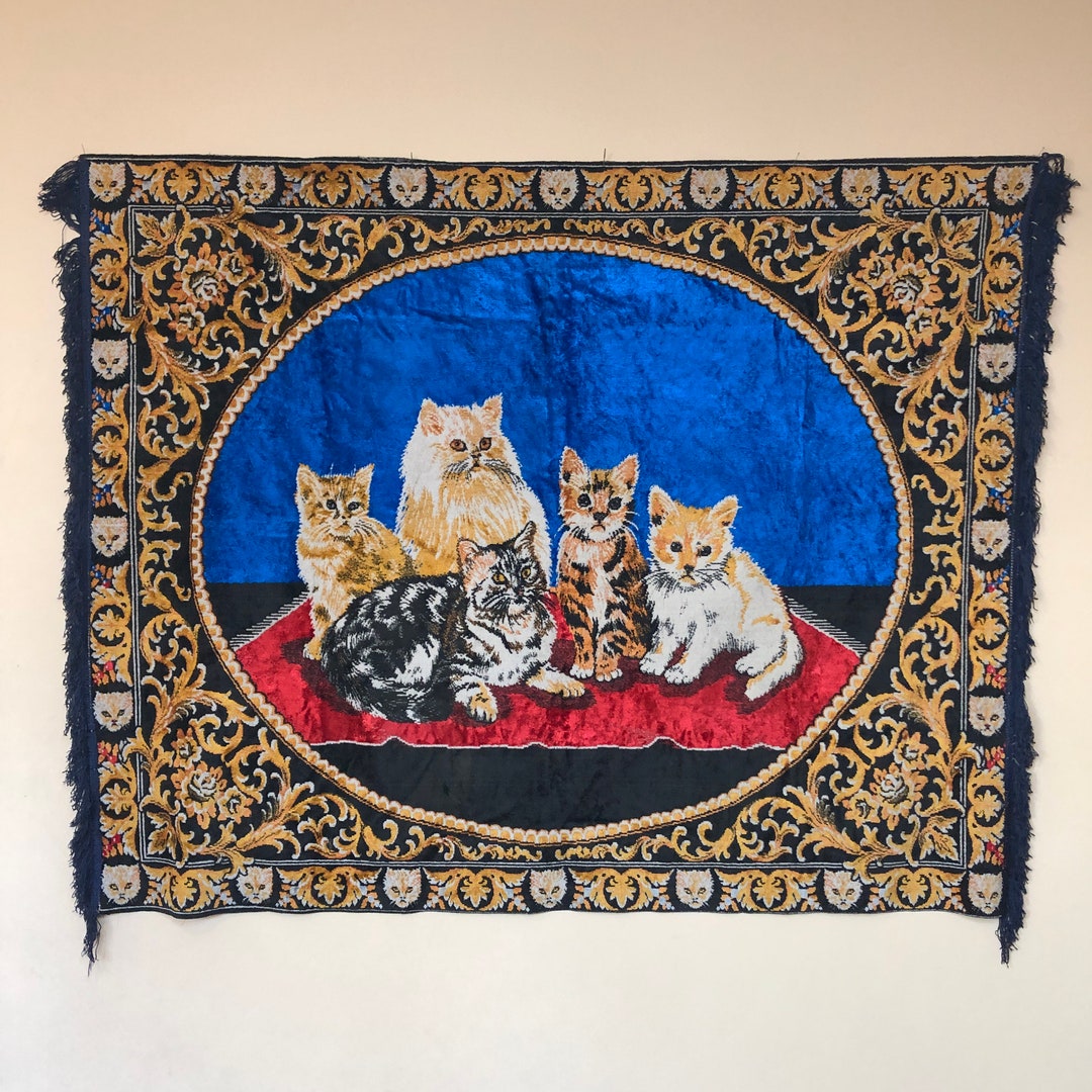 Vintage Velvet Cats Carpet, Soviet Wall Tapestry, Plush Cat Wall