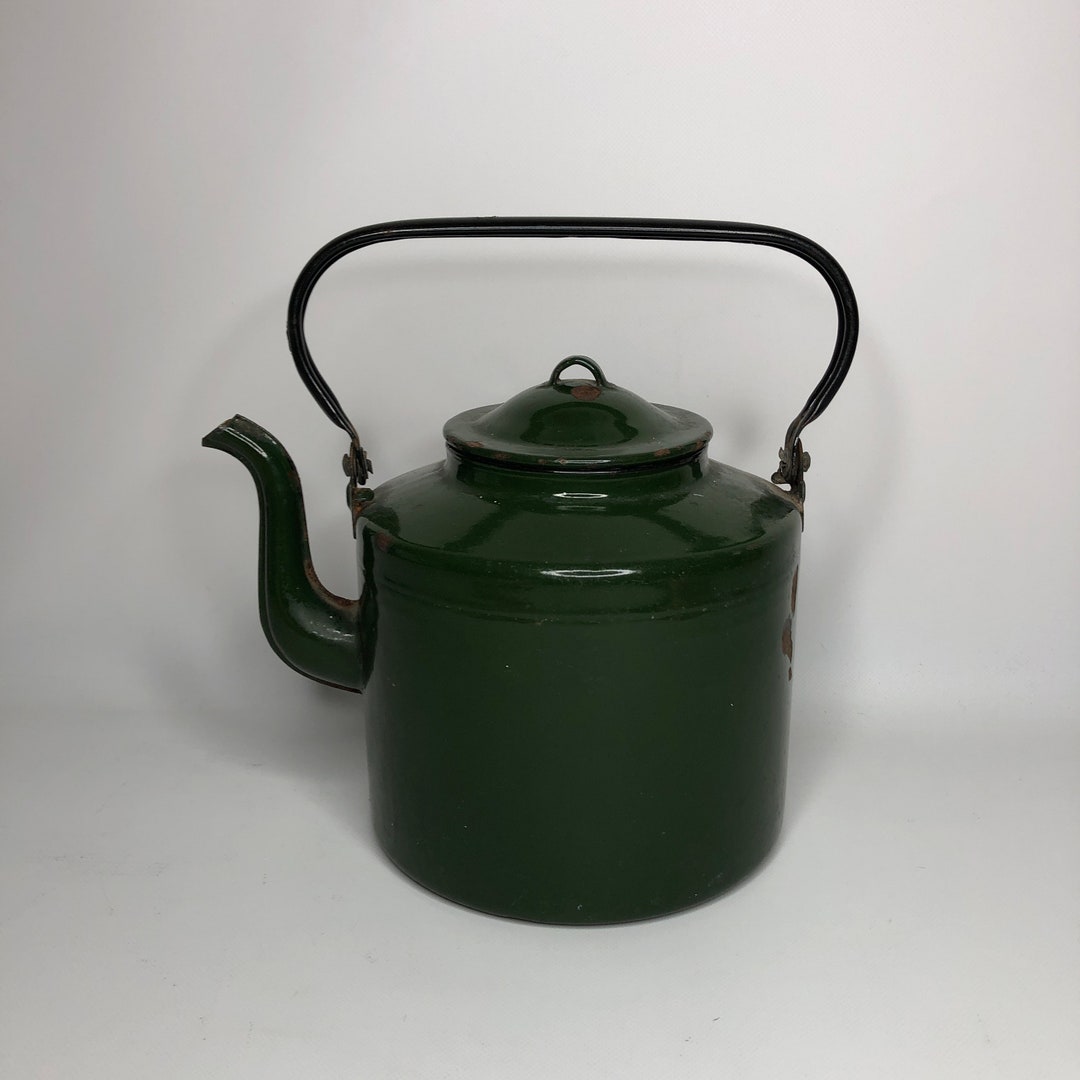 Vintage Enamel Teapot, Large Soviet Teapot, Green Enamel, Enamelware