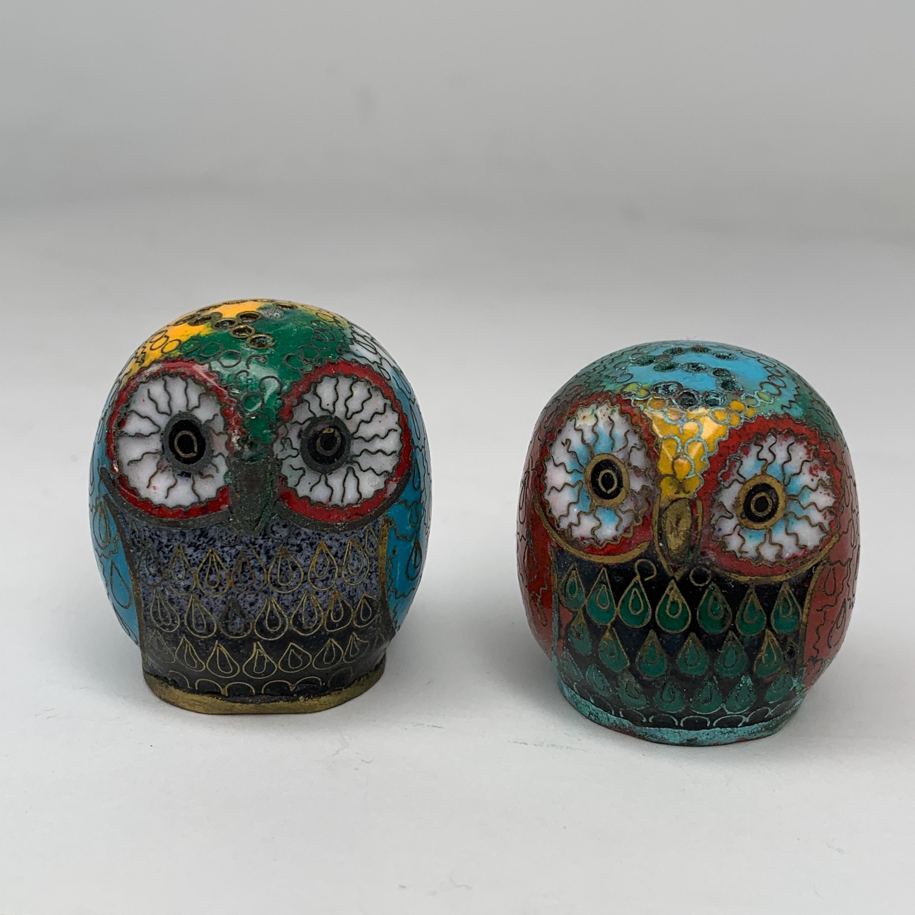 Vintage Owl Figurine, Salt and Pepper Shaker, Spice Set, Vintage Cloisonne, Miniature Owl Figurine,