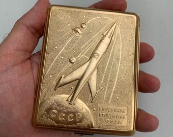 Estuche de cigarrillos vintage, Sputnik, estuche de cigarrillos soviético, estuche de cigarrillos de los años 60, temática espacial, accesorios para tabaco, regalo vintage para él,