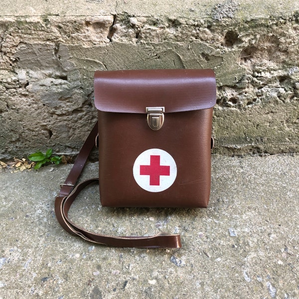 Vintage medical bag, Sanitary bag, First Aid Kit, Red Cross, Shoulder Bag, Brown Bag, Army Medical Bag, Medic Gift