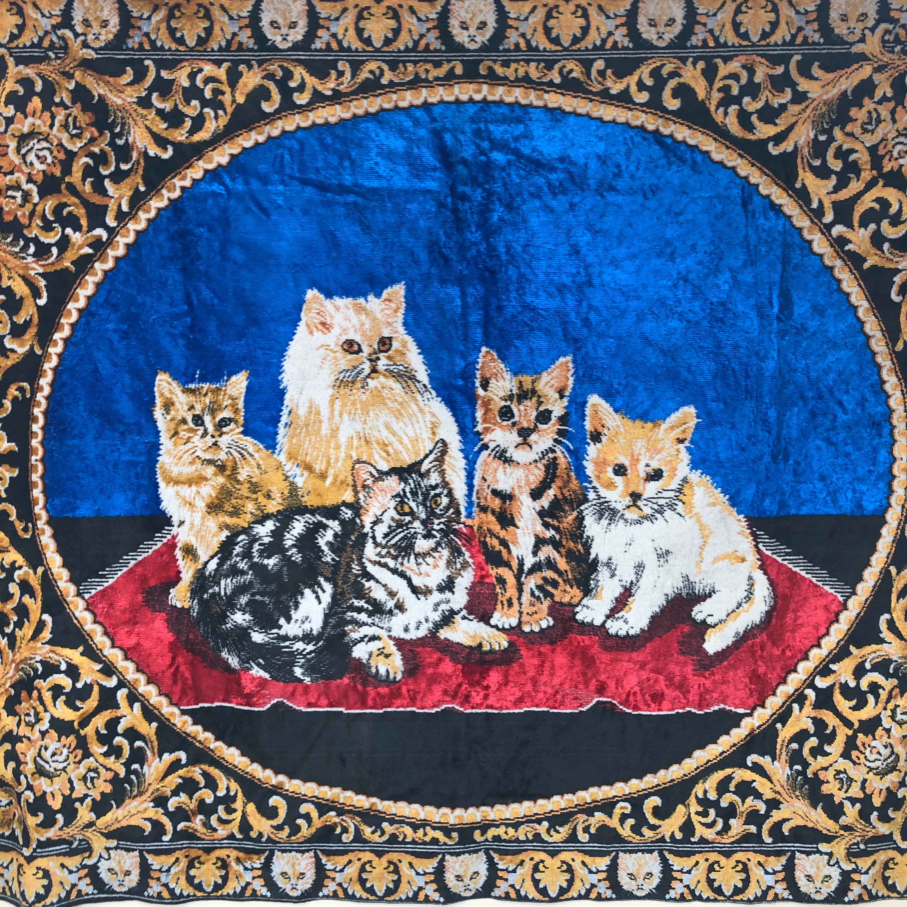 Vintage Velvet Cats Carpet, Soviet Wall Tapestry, Plush Cat Wall
