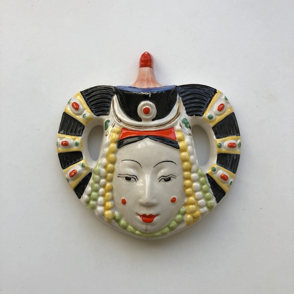 Vintage Porcelain Mask "Head of a Girl in National Costume", Wall Mask, Mongolian Art, Hand Painted, Wall Decor, Collectibles, Mongolia 60s