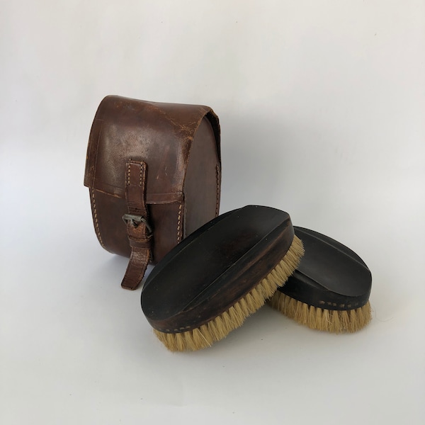 Vintage Clothing Brush, Brushes in a Leather Case, Travel Brush Set, Natural Bristles, Men's Gift, 1930