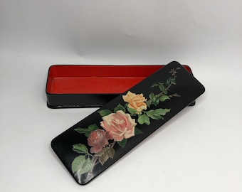 Vintage box, Black lacquer box, Roses, Rectangular box, Wooden box, Jewelry box, Storage box, Vintage gift,
