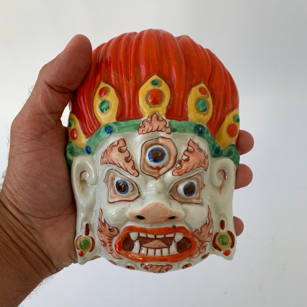 Grand masque de porcelaine vintage, Mongolie, Dieu du feu, Porcelaine, Peint à la main, Souvenir, Masque mural, Décor mural, Objets de collection, Mongolie des années 60