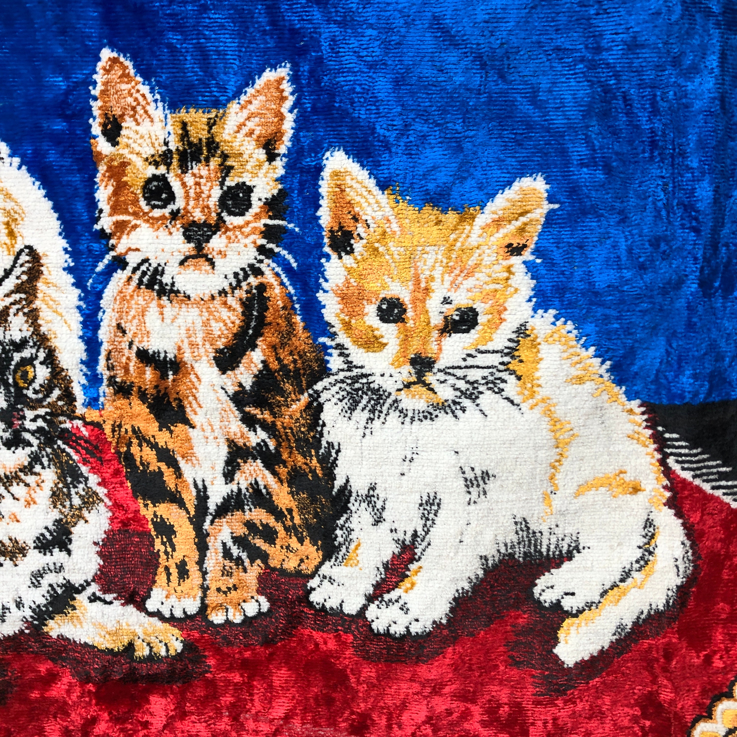 Vintage Velvet Cats Carpet, Soviet Wall Tapestry, Plush Cat Wall