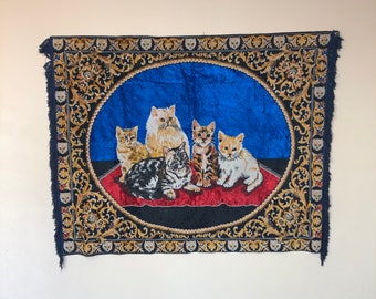 Vintage Velvet Cats Carpet, Soviet Wall Tapestry, Plush Cat Wall