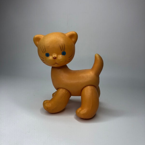 Rare toy cat, Vintage toy with elastic band, Soviet plastic toy, Toy cat, Yellow cat, USSR 70s