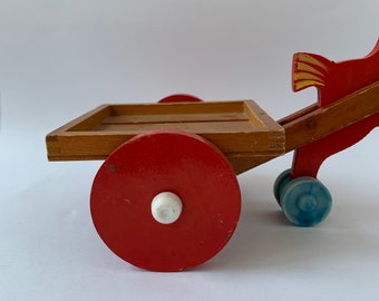 Jouet Ancien En Bois - Cheval Et Charrette à Tirer - Tchécoslovaquie - Occasion