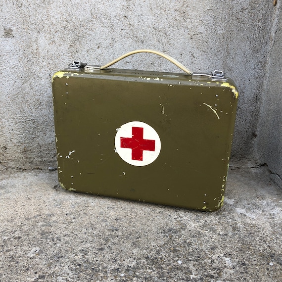 Vintage First Aid Kit, Red Cross, Metal Pharmacy Suitcase, Soviet