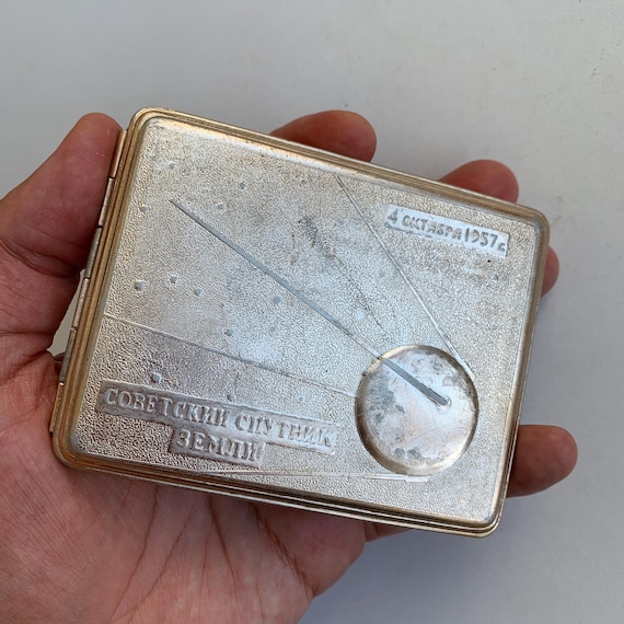Vintage cigarette case, Sputnik, Soviet cigarette case, 1950s cigarette case, Space theme, Tobacco accessories, Gift for him, Men's gifts,