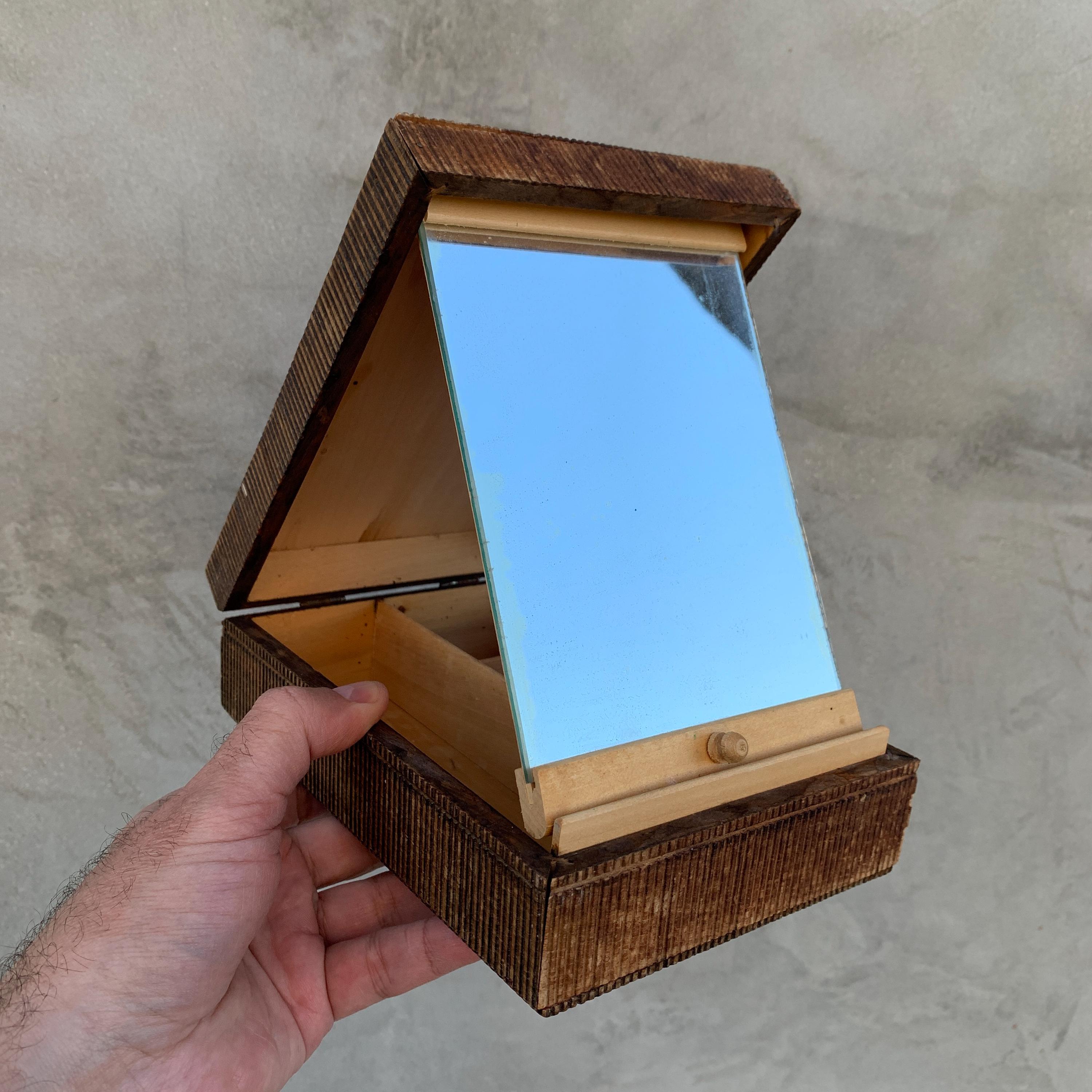 Vintage Shaving Box, Wooden Box With Mirror, Travel Shaving Box
