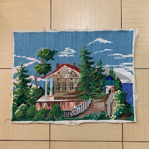 Vintage embroidered painting &quot;country house&quot;, 55cm X 42cm, Landscape, Handmade cross stitch, Old tapestry, Home decor, Ukrainian art