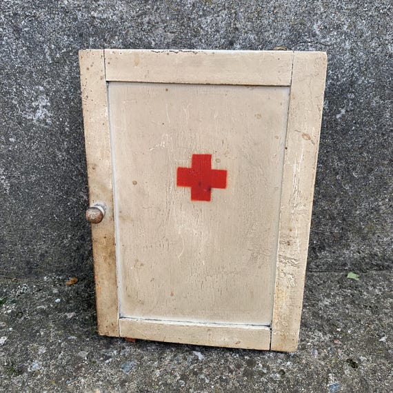 Vintage First Aid Kit, Red Cross, Medical Box, Soviet Wooden Wall