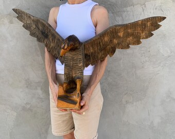 ヴィンテージ木製鷲、大きな鷲の置物、彫刻彫刻、手作り、鷲の装飾、鳥