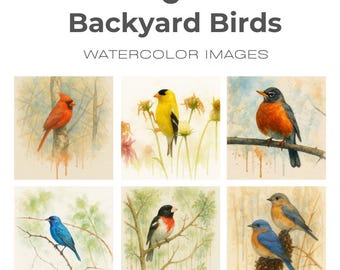 Set di acquerelli con uccelli da cortile / Set di 6 stampe di uccelli canterini / Arte murale digitale con uccelli / Decorazioni da giardino con motivi naturali per gli amanti degli uccelli