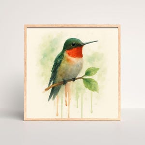 May include: Watercolour painting of a hummingbird perched on a branch with green leaves. The bird has a green head, red throat, and green and white body. The background has green and beige watercolour washes. The artwork is in a wooden frame.