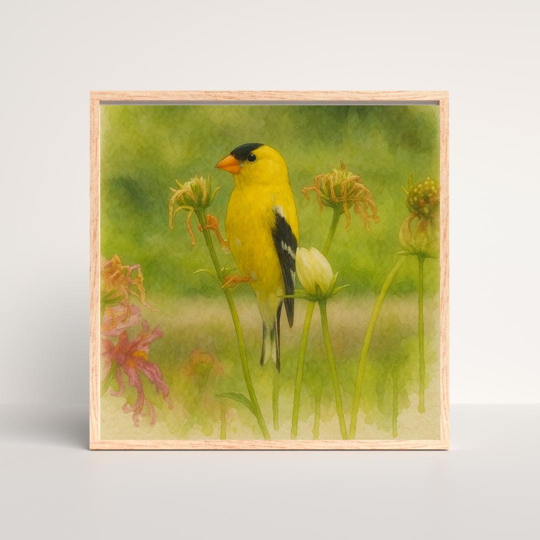 American Goldfinch Watercolor Print | Yellow Bird on Flower Wall Art ...