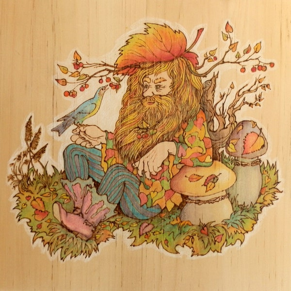 Wood Spirit. A fairy-tale character. Pyrography (wood burning). Nature. Autumn. Gift idea. Wall decor. Decoration. Coloured.