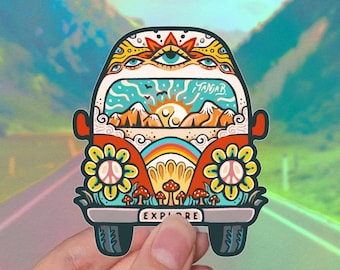 EXPLORE VAN Sticker  // Hippie Vinyl sticker // Groovy Journey Trippy Art