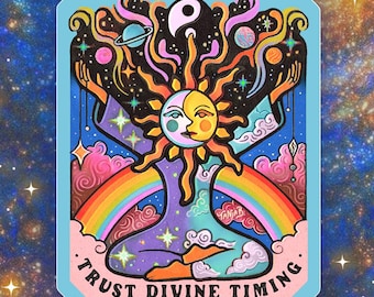 TRUST DIVINE TIMING // Weatherproof Outdoor Sticker // Vinyl 3" - Astrology, Cosmic, Yin and Yang
