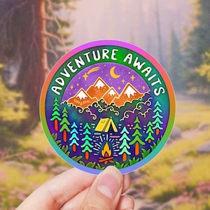 ADVENTURE AWAITS // Weatherproof Outdoor Sticker // Vinyl 3" - Tent, Nature & Night Sky