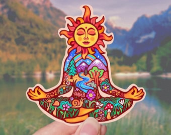 SUN MEDITATION // Weatherproof Outdoor Sticker // Vinyl 4" - Yoga, boho, trippy