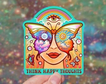 THINK HAPPY THOUGHTS // Weatherproof Outdoor Sticker // Vinyl 3" - Hippie, Trippy & Groovy