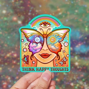 THINK HAPPY THOUGHTS // Weatherproof Outdoor Sticker // Vinyl 3" - Hippie, Trippy & Groovy