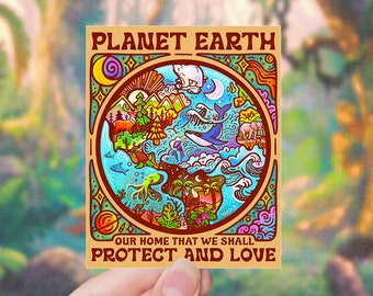 Peut inclure: Une illustration colorée de la planète Terre avec des animaux, des plantes et de l'eau. Le texte dit "Planète Terre, Notre maison que nous devons protéger et aimer."
