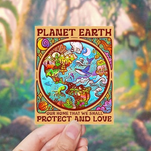 PLANETA TIERRA - Proteger y amar // Adhesivo para exteriores resistente a la intemperie // Vinilo de 4" - Animales, globo terráqueo, olas y naturaleza