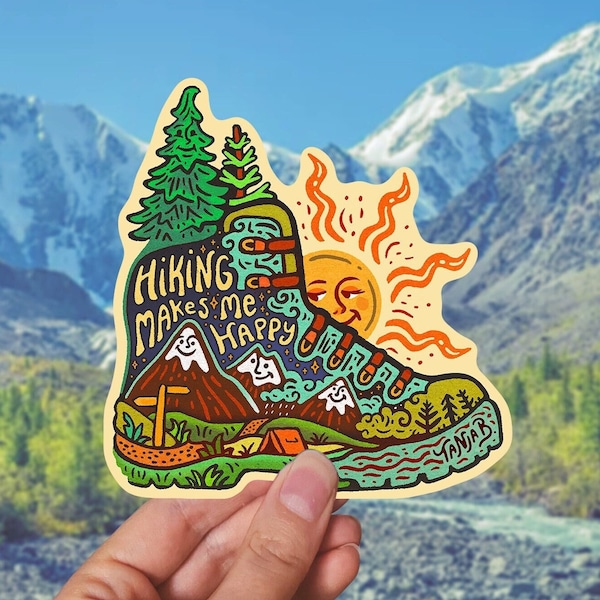 HIKING MAKES Me HAPPY // Wetterfester Outdoor Aufkleber // Vinyl 4"- Natur, Exploring & Landschaft