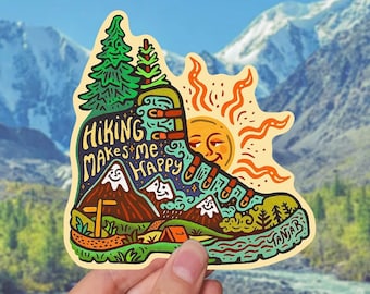HIKING MAKES Me HAPPY // Weatherproof Outdoor Sticker // Vinyl 4&quot; - Nature, Exploring & Scenery